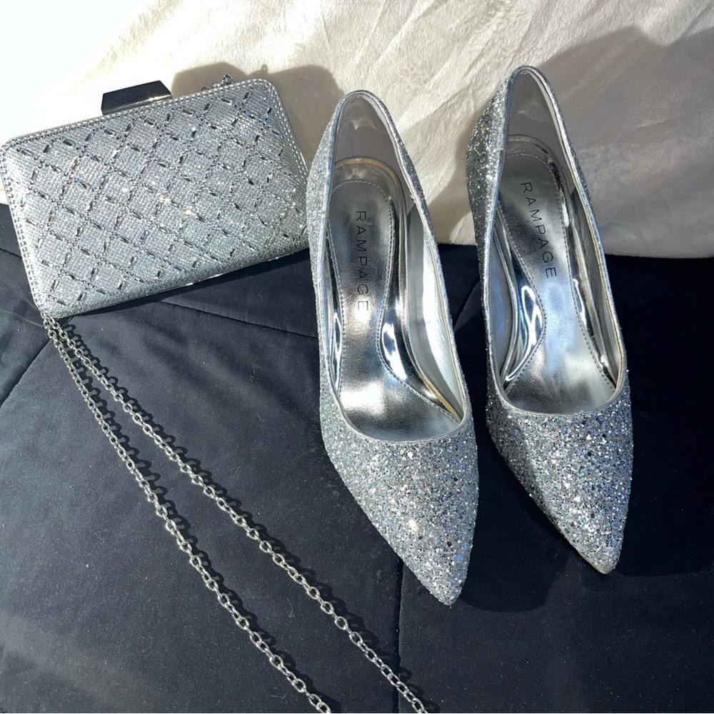 La Regale clutch and Rampage Silver Glitter Heels